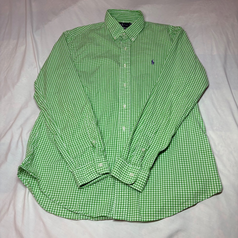 Polo Ralph Lauren Mens Large Custom Fit Gingham Check Button Down Shirt Green